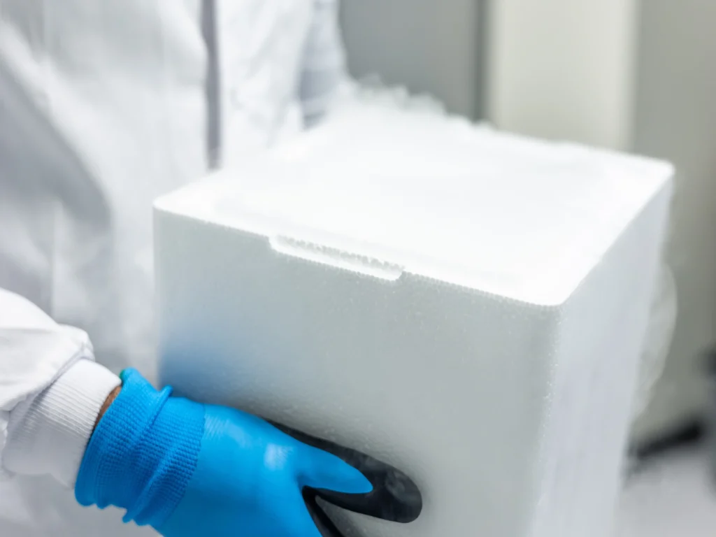 Medical professional in white with blue gloves carries pharmaceutical products in white box.